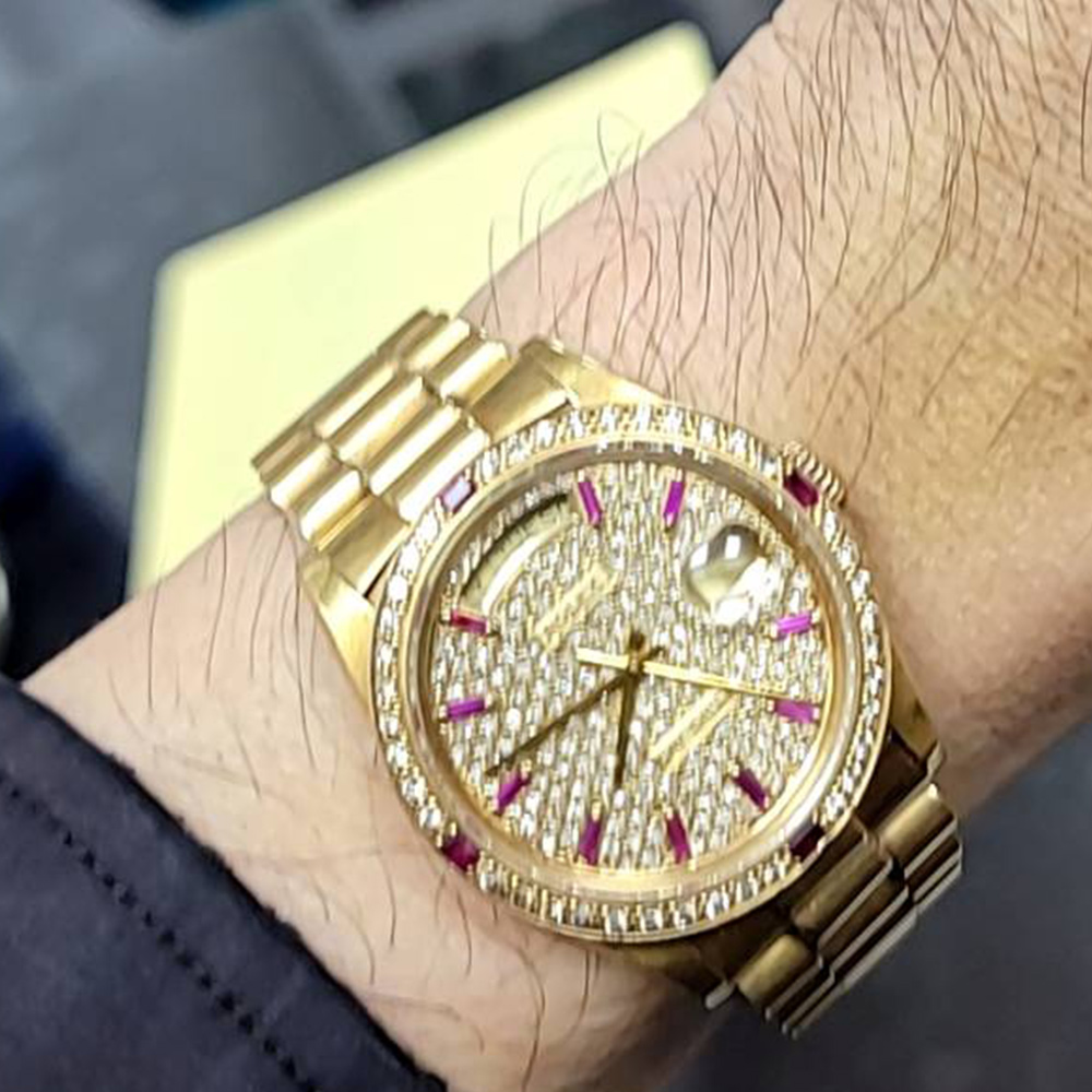 Rolex 勞力士Day-Date 18038 K18YG黃金後鑲紅寶石+鑽石錶圈