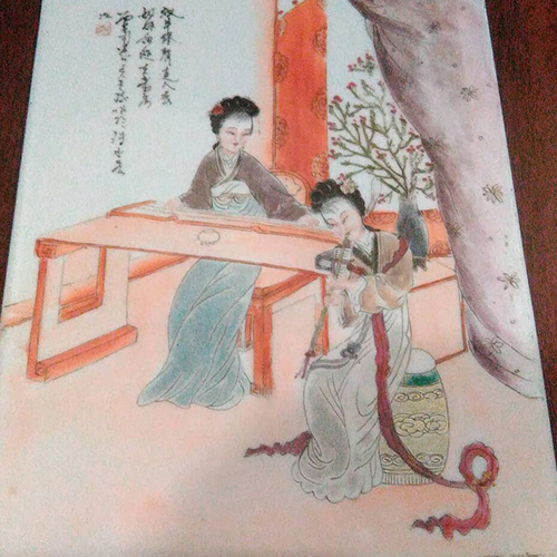 粉彩仕女人物圖瓷板-6